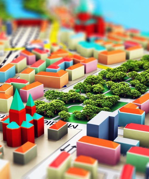 Creative abstract GPS satellite navigation, travel, tourism and location route planning business concept: 3D render illustration of the macro view of miniature color city map with 3D buildings with selective focus effect